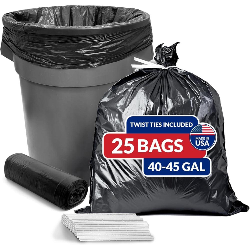imageReli 45 Gallon Trash Bags Heavy Duty 25 Count Black Twist Ties Included Extra Tough LeakProof Garbage Bags Ideal for Large Clean Ups