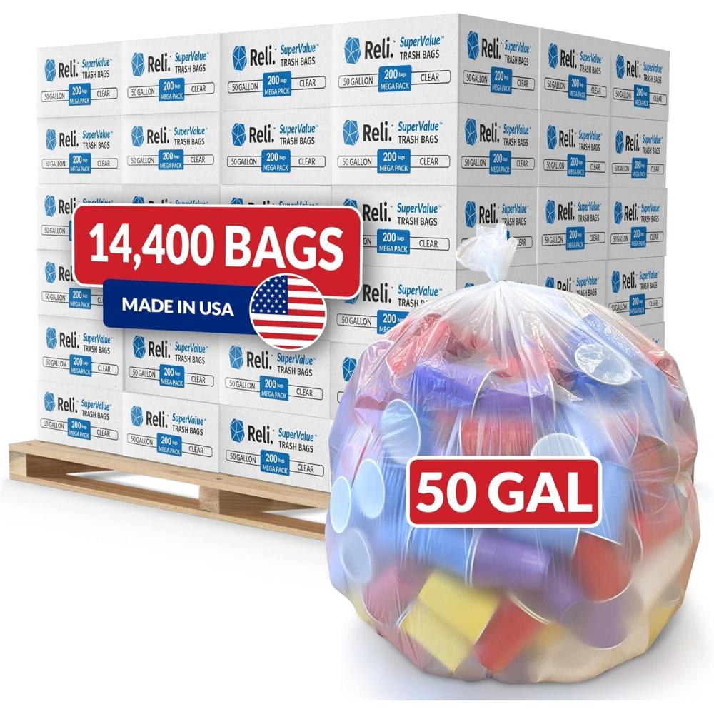 imageReli 50 Gallon Trash Bags Heavy Duty 14400 Total 200 BagsCase 72 CasesPallet Made in USA Clear