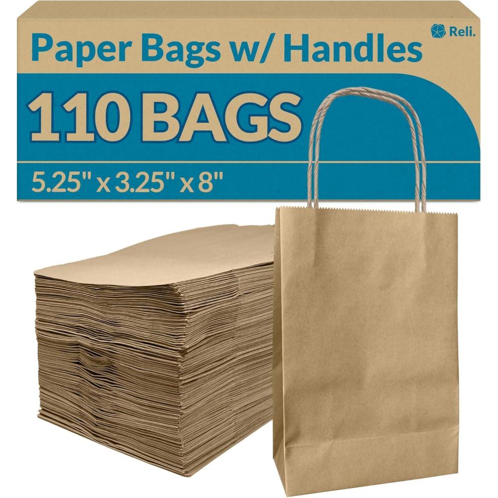 imageReli 525x325x8 in Small Paper Bags with Handles 110 Pack Kraft Brown Paper Bags with Twist Handles Bulk Ideal for Gifts Retail Shopping Merchandise Crafts