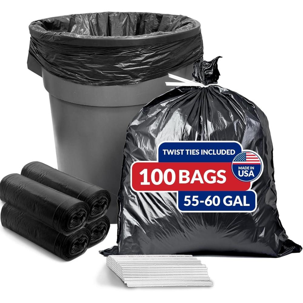 imageReli 55 Gallon Trash Bags Heavy Duty 100 Count Black Twist Ties Included Extra Tough LeakProof Garbage Bags Ideal for Large Clean Ups