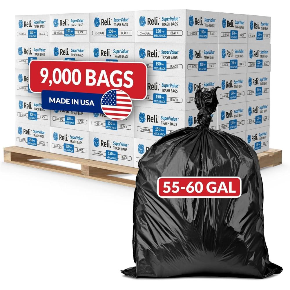 imageReli 5560 Gallon Trash Bags Heavy Duty 9000 Total 150 BagsCase 60 CasesPallet Made in USA Black