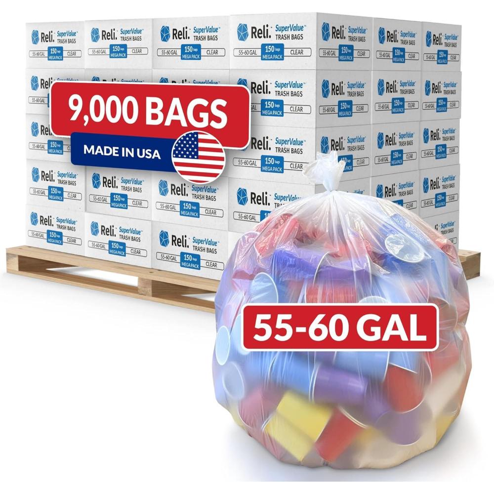 imageReli 5560 Gallon Trash Bags Heavy Duty 9000 Total 150 BagsCase 60 CasesPallet Made in USA Clear