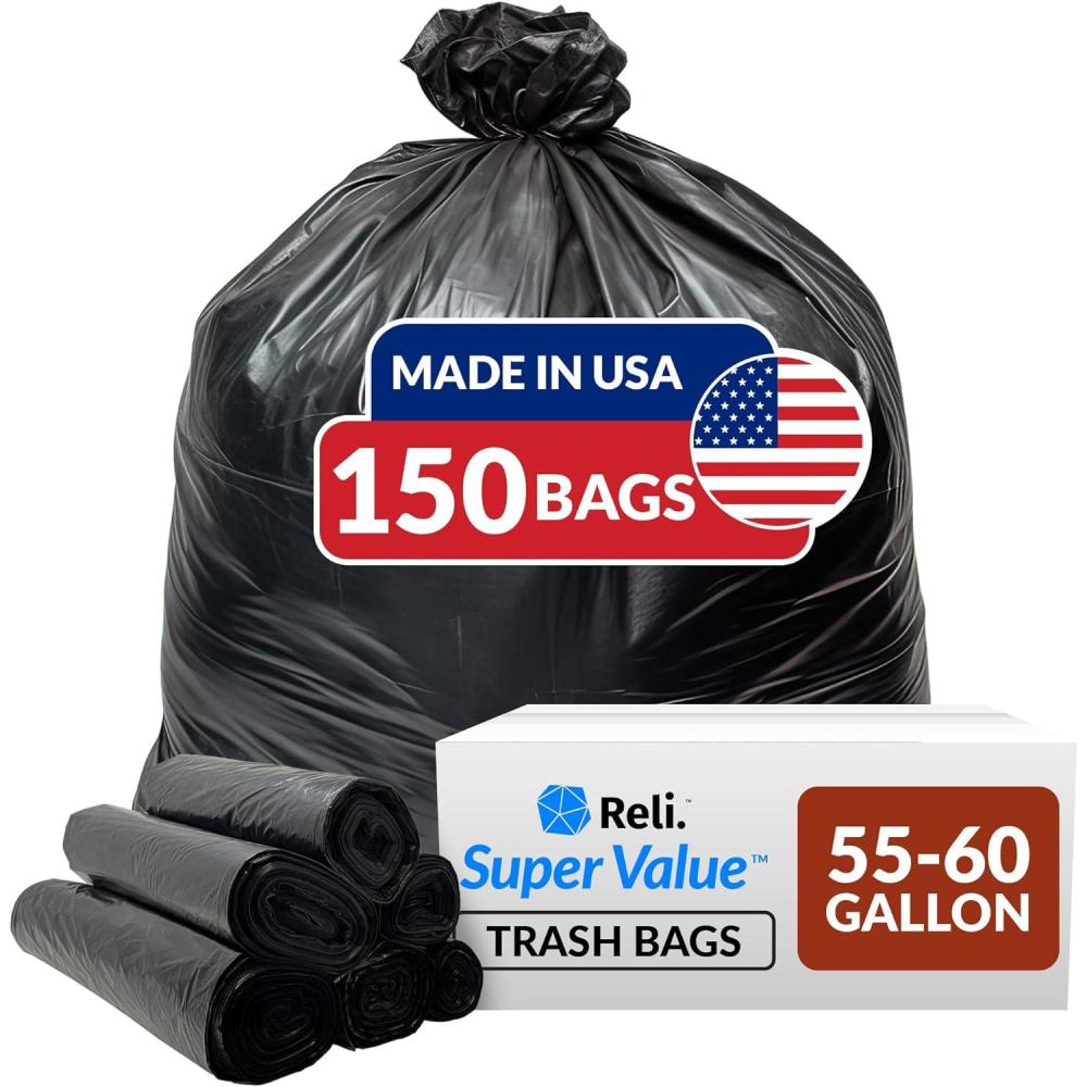 imageReli 5560 Gallon Trash Bags Heavy Duty  150 Count  5060 Gallon  Large Black Garbage Bags  Made in USA