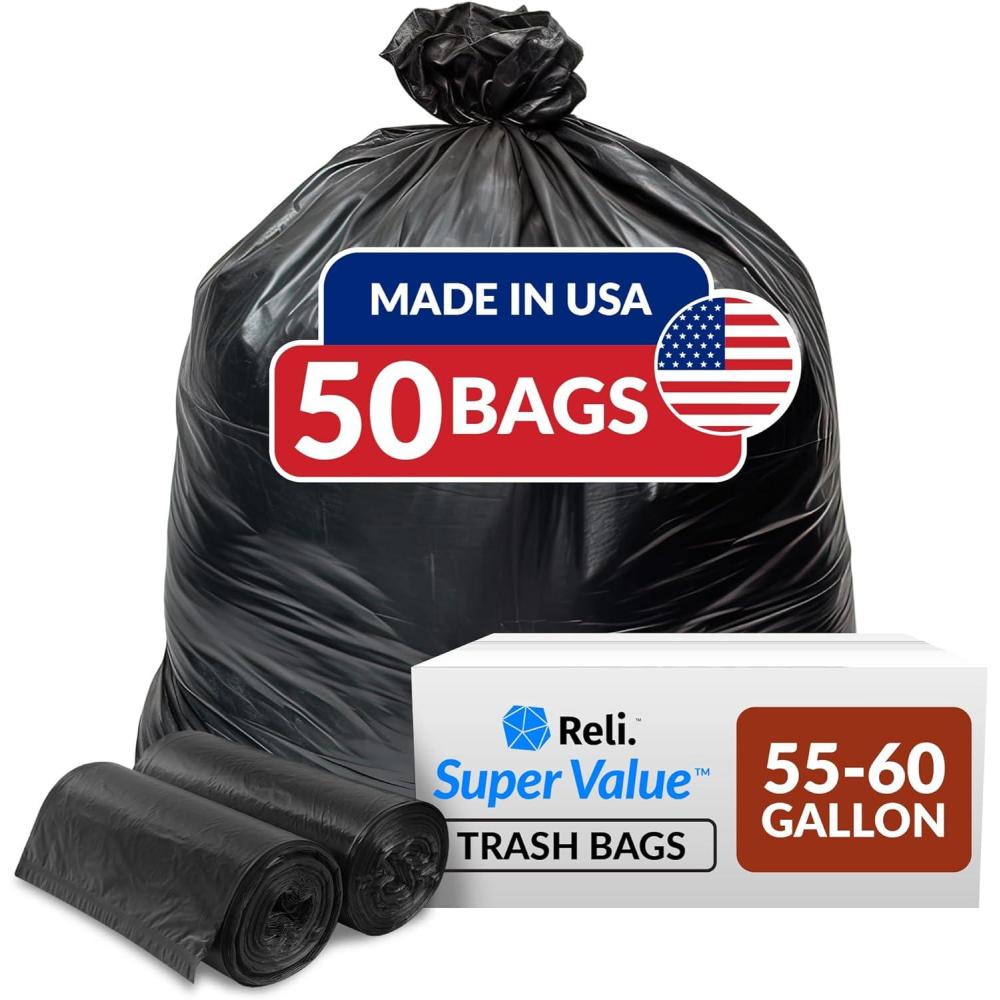 imageReli 5560 Gallon Trash Bags Heavy Duty 50 Bags 5060 Gallon Large Black Garbage Made in USA1 Count Pack of 50
