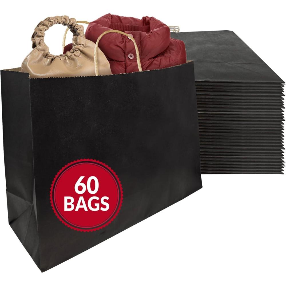 imageReli 60 Pcs Paper Shopping Bags Black 16x6x12 Large Paper Bags with Handles Strong Large Shopping for Boutique Kraft Use for Take OutTo Go RetailRestaurant Twist Handles
