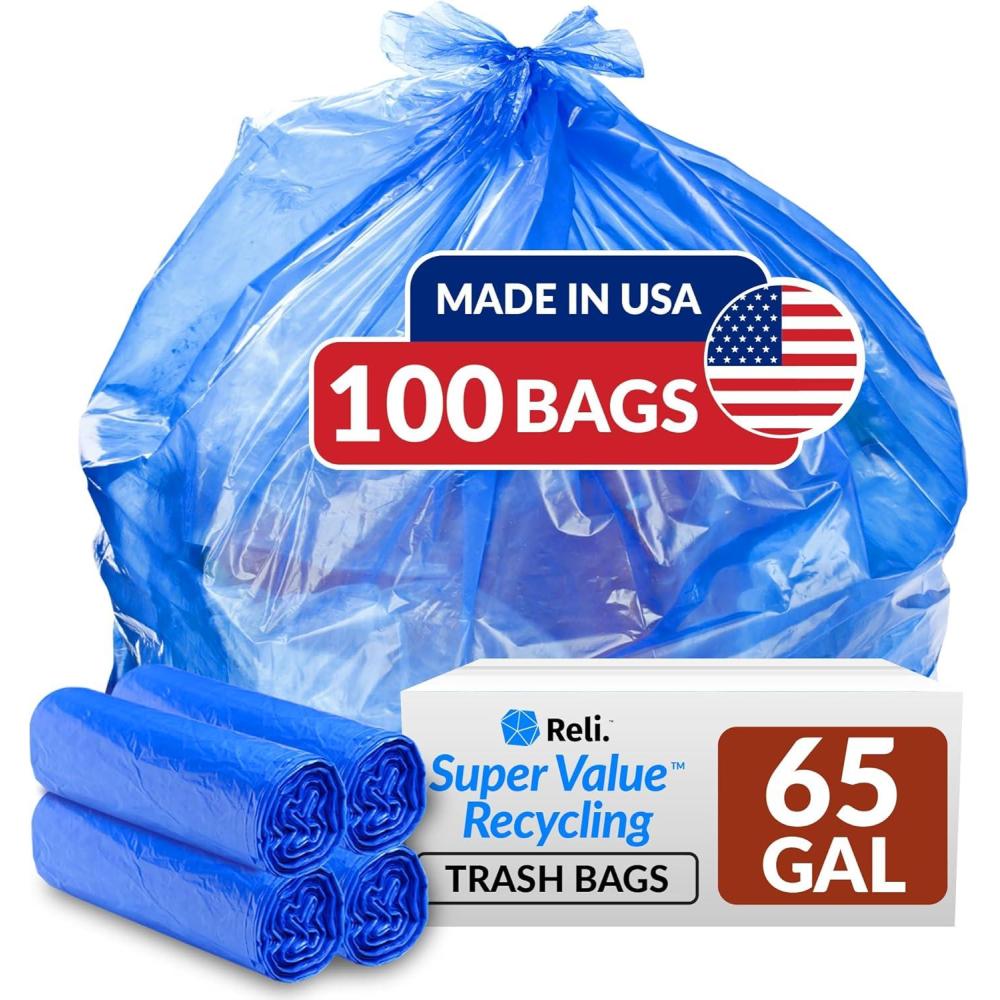 imageReli 65 Gallon Blue Recycling Bags 100 Count Heavy Duty Large Trash Bags
