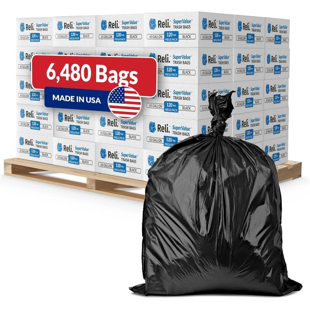 imageReli 65 Gallon Trash Bags Heavy Duty 6480 Total 120 BagsCase 54 CasesPallet Made in USA Black