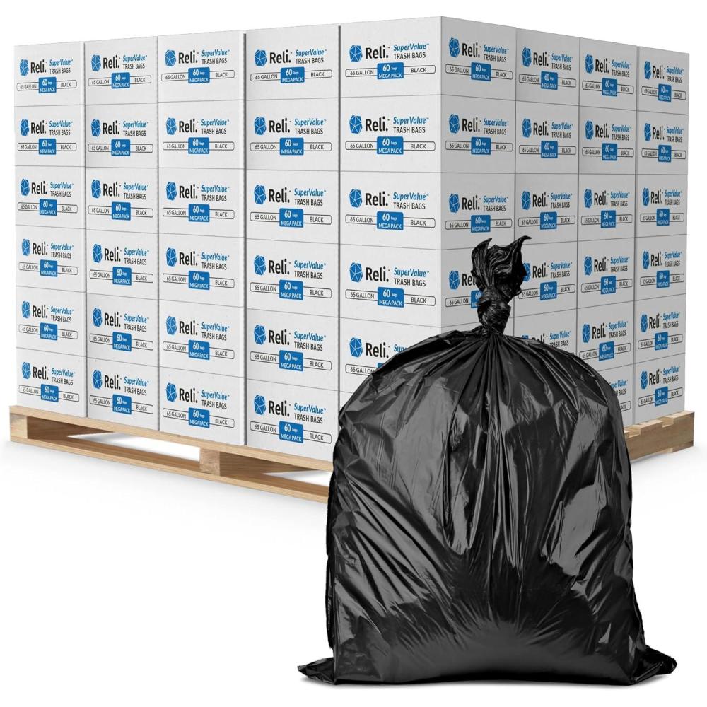 imageReli 65 Gallon Trash Bags Heavy Duty 6480 Total 60 BagsCase 108 CasesPallet Made in USA Black