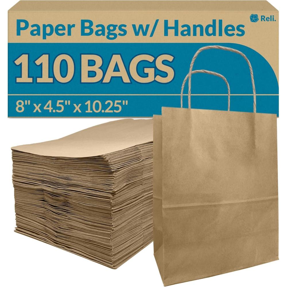 imageReli 8x45x1025 in Brown Paper Bags with Handles 110 Pack Kraft Brown Paper Bags with Twist Handles Bulk Ideal for Gifts Retail Shopping Merchandise Crafts