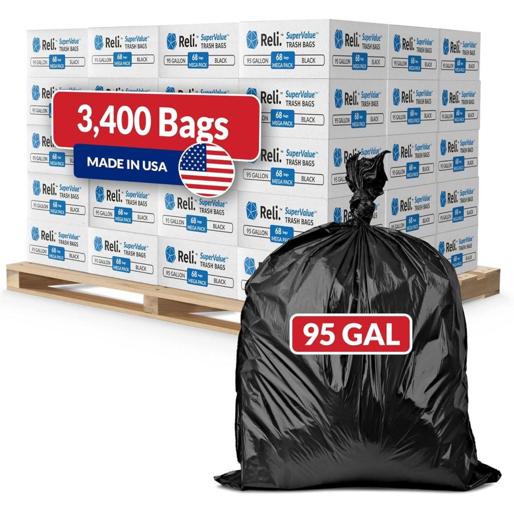 imageReli 95 Gallon Trash Bags Heavy Duty 3400 Total 68 BagsCase 50 CasesPallet Made in USA Black