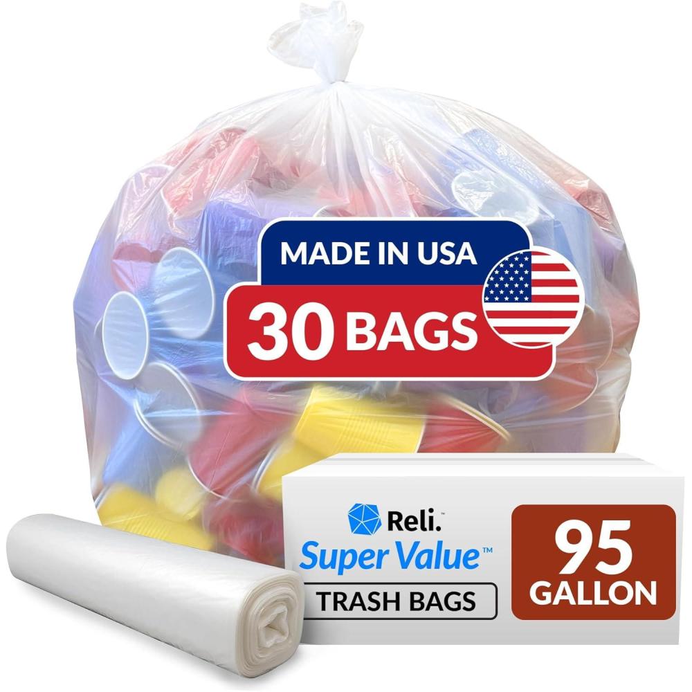 imageReli 95 Gallon Trash Bags Heavy Duty 30 Trash Bags Super Sizeable Clear Garbage for Serious Cleanup
