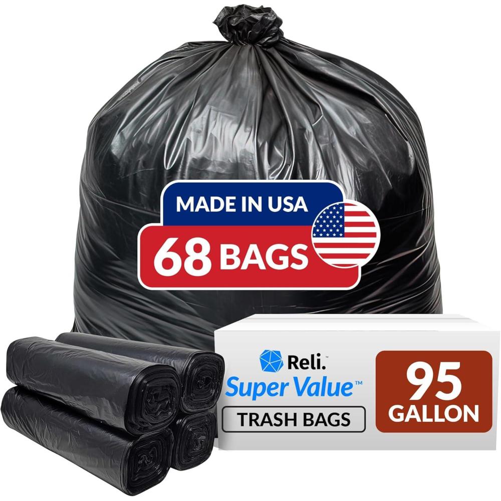 imageReli 95 Gallon Trash Bags Heavy Duty 68 Trash Bags Super Sizeable Black Garbage for Serious Cleanup