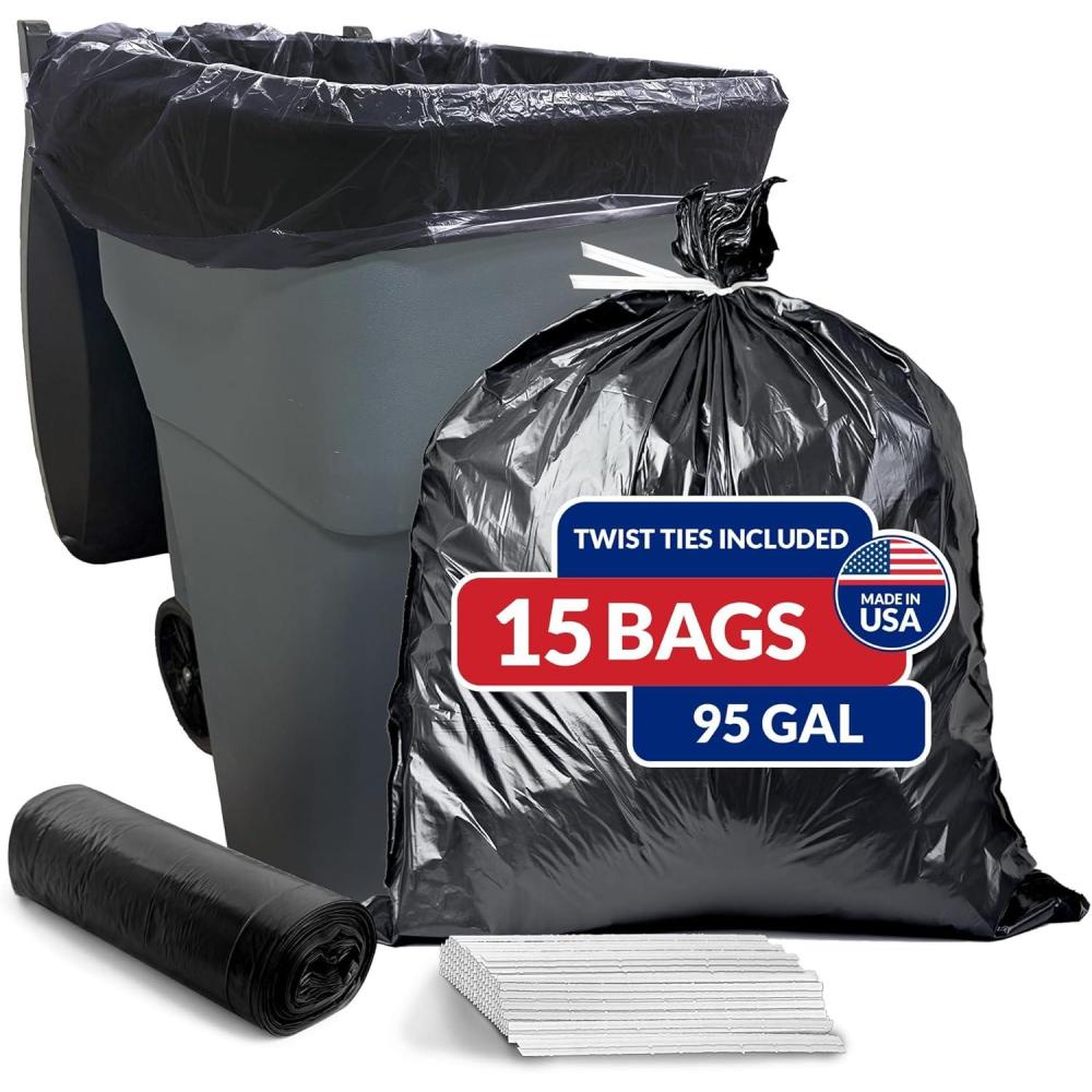 imageReli 95 Gallon Trash Bags Heavy Duty 15 Count Black Twist Ties Included Extra Tough LeakProof Garbage Bags Ideal for Large Clean Ups