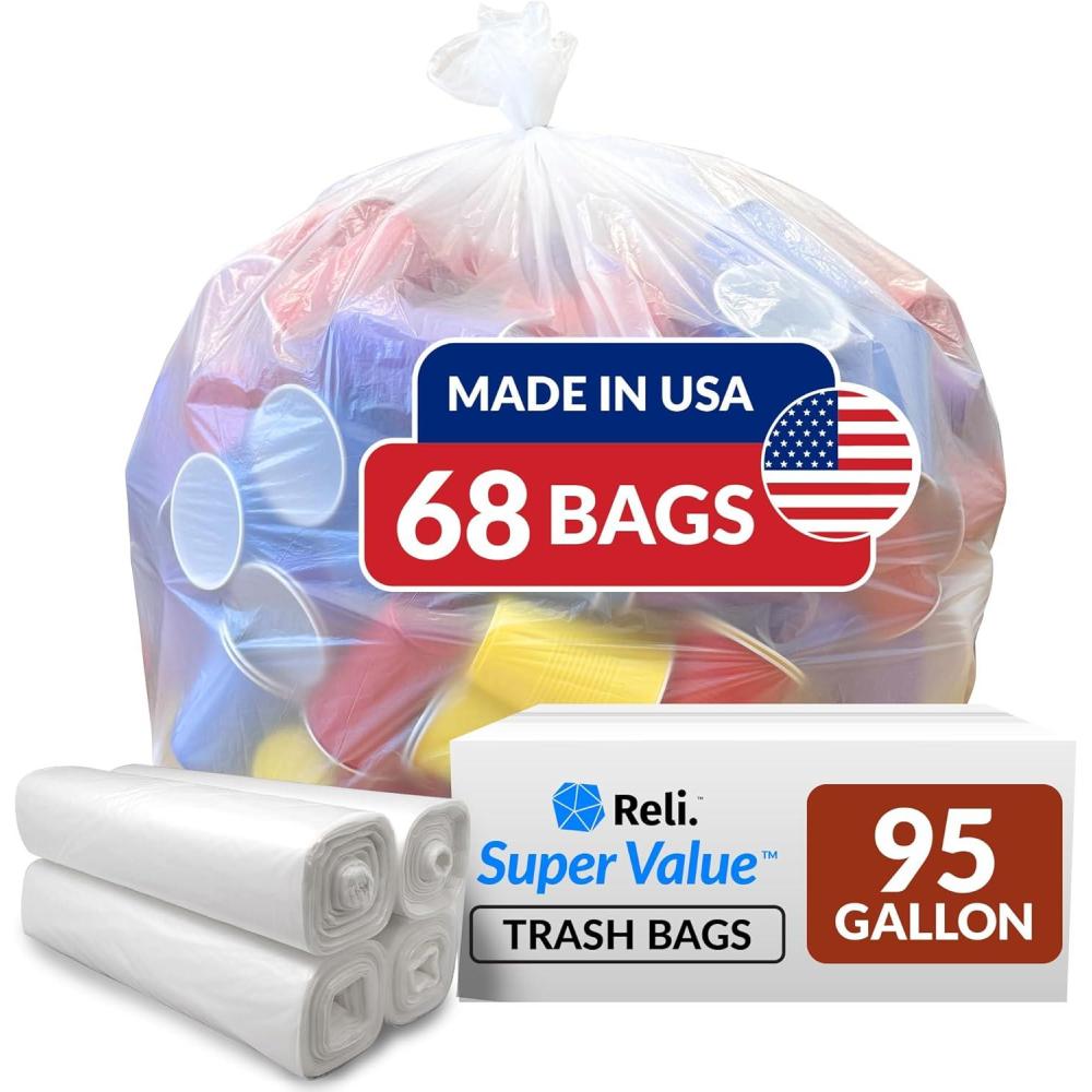imageReli 95 Trash Bags Heavy Duty 68 Trash Bags Super Sizeable for Serious Garbage Cleanup Clear
