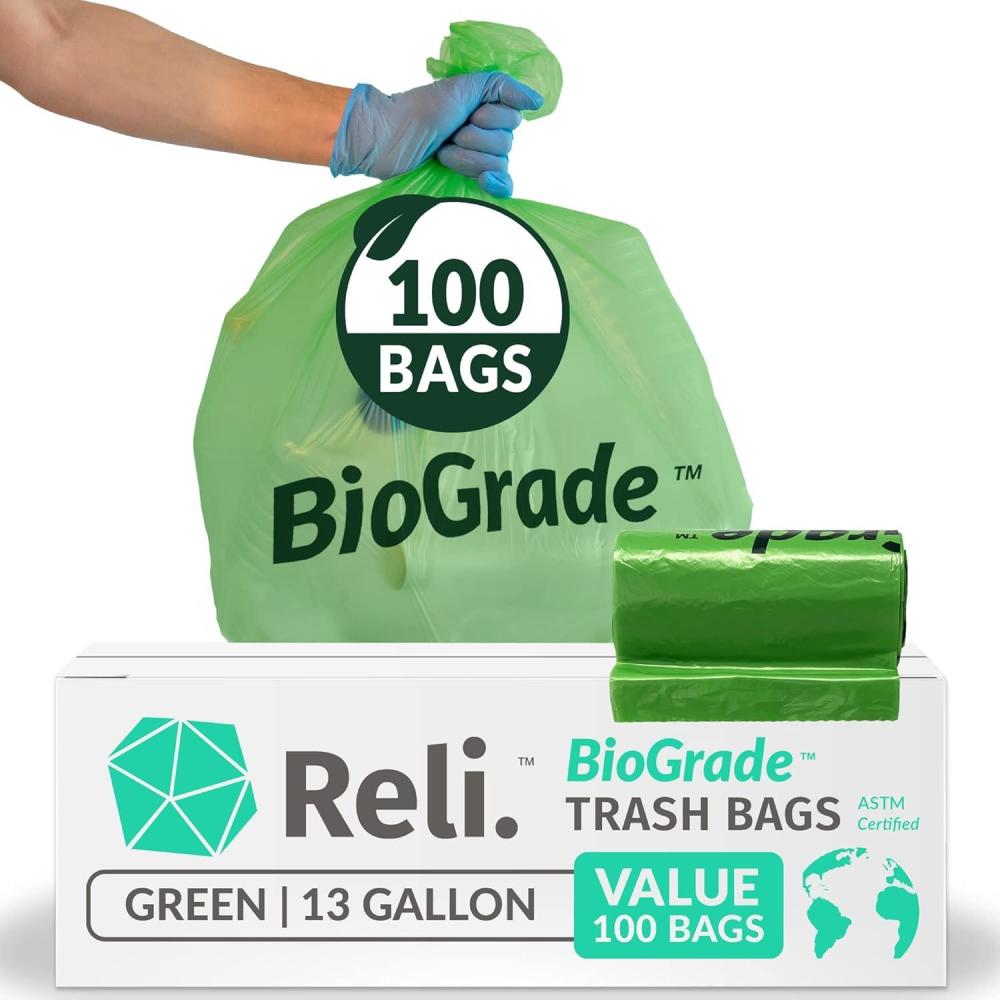 imageReli Biodegradable 13 Gallon Trash Bags 100 Count ASTM D6954 Green EcoFriendly Oxobiodegradable Under Certain Conditions See Product Description100 Count Pack of 1