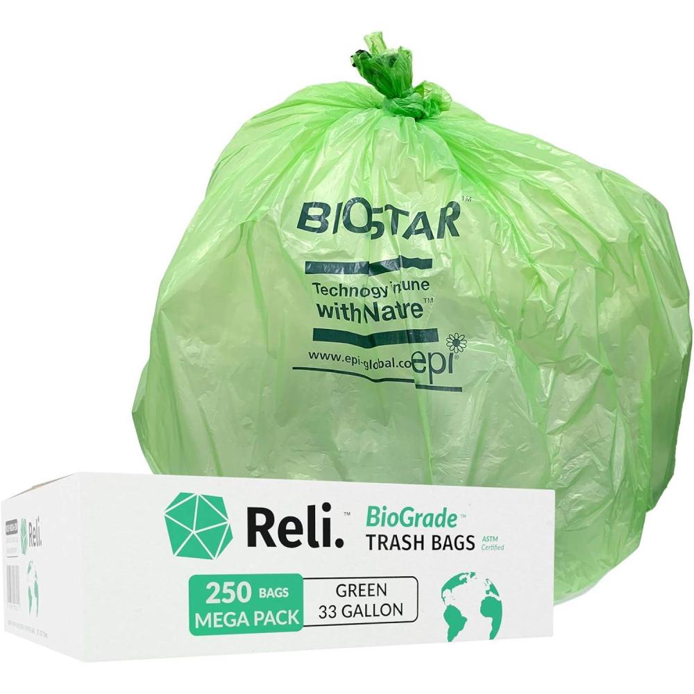 imageReli Biodegradable 33 Gallon Trash Bags 250 Count Bulk ASTM D6954 Green EcoFriendly Oxobiodegradable Under Certain Conditions See Product Description