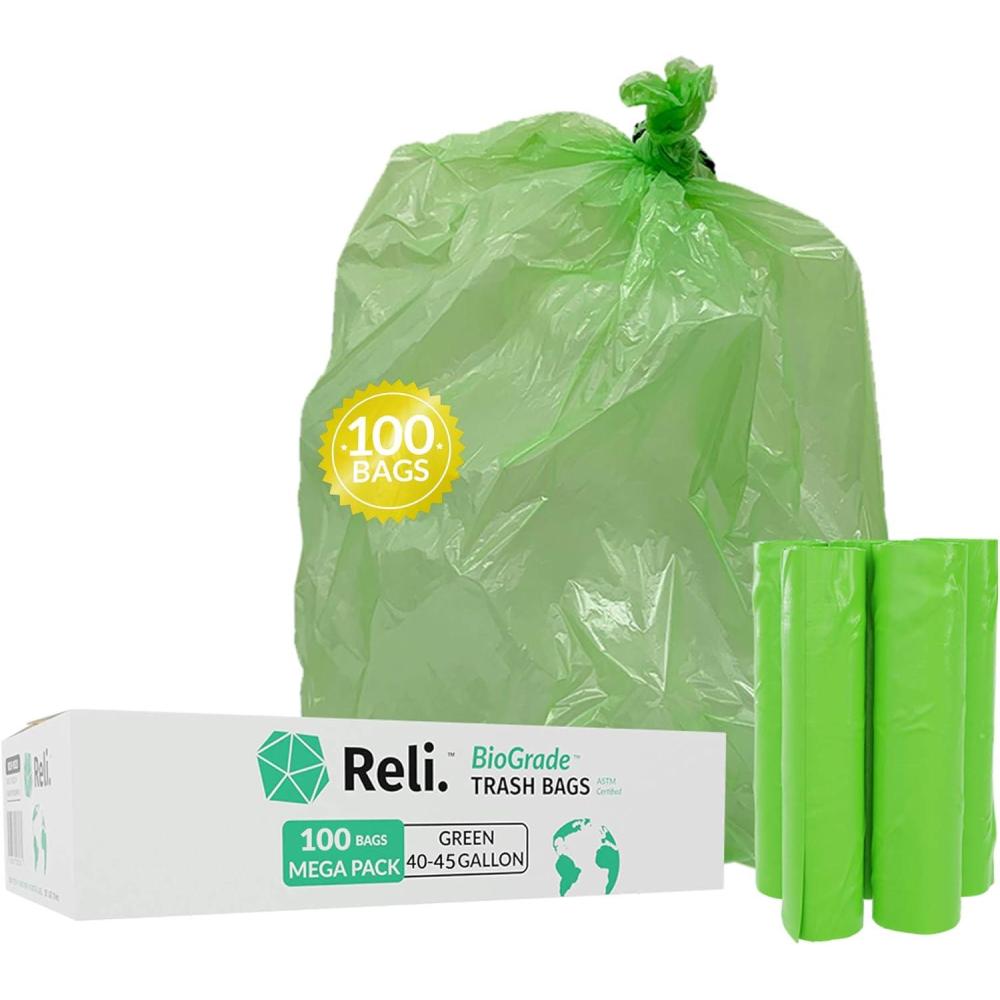 imageReli Biodegradable 4045 Gallon Trash Bags 100 Count ASTM D6954 Green EcoFriendly Oxobiodegradable Under Certain Conditions See Product Description