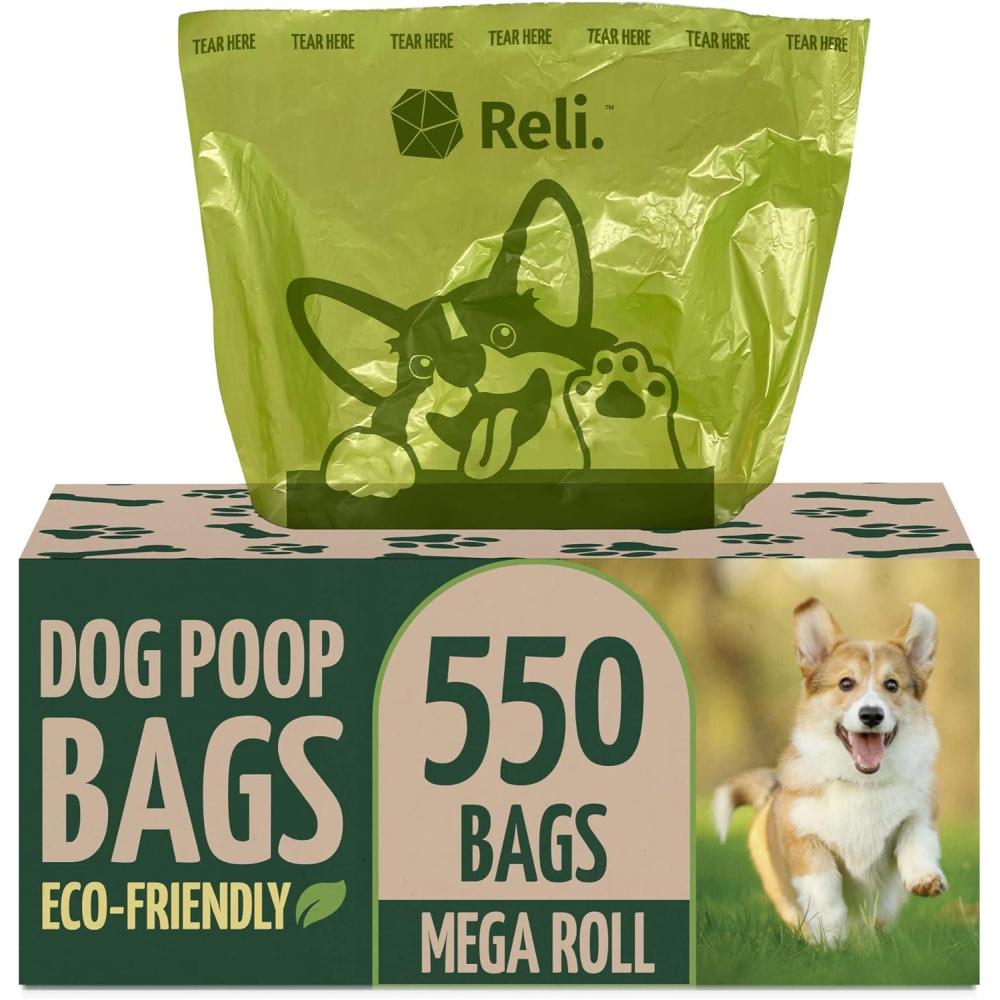 imageReli Biodegradable Dog Poop Bags 550 Count Bulk Large Single Roll Dispenser Box 9x13 Large Dog Bags for Poop Green EcoFriendly Oxobiodegradable Pet Waste Disposal Unscented
