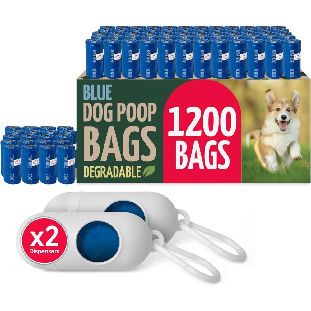 imageReli Biodegradable Dog Poop Bags Rolls 1200 Pack 80 Rolls 9x13 Poop Bags Unscented Leak Proof Oxobiodegradable Pet Waste Clean Up Blue EcoFriendly 2 Leash Clip Holders Included