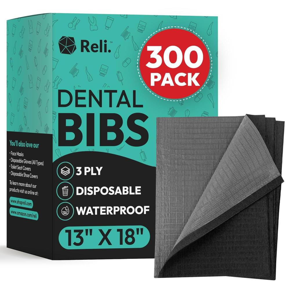 imageReli Black Dental Bibs 300 Pack 13x18 Dental Bibs Disposable for Patients Dentists 3Ply Waterproof Disposable Sheets for Medical Tray Cover Nail Mat Tattoo Shop