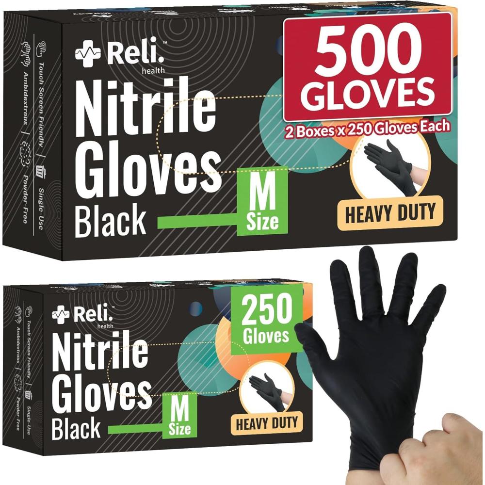 imageReli Black Nitrile Gloves Medium 500 Pack Heavy Duty Disposable Gloves 5 mil Powder Free Latex Free SingleUse Premium Nitrile Material for Automotive Cleaning Cooking Food Safe