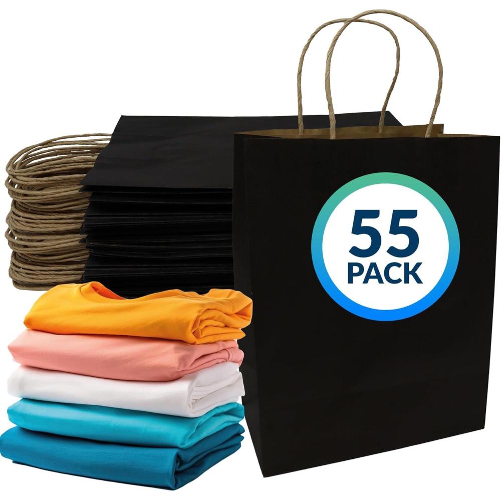 imageReli Black Paper Bags 55 Pack 8 x 45 x 1025 Black Gift Bags with Handles Kraft Paper MultiPurpose for Shopping Retail Small Gifts Takeout DIY Party Favors