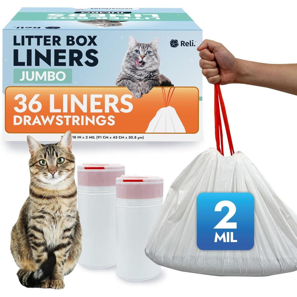 imageReli Cat Litter Box Liners 36 Count Jumbo Drawstring Litter Box Liner Heavy Duty for Cat Pan Pet Waste Kitty Poop Bags Drawstring Handles White1 Count Pack of 36