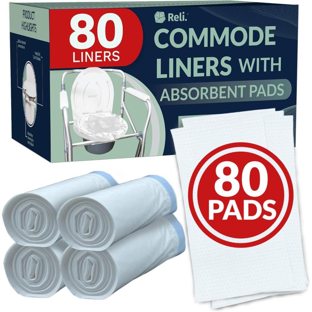 imageReli Commode Liners with Absorbent Pads Bulk 80 Pack 80 Each Liner and Pad Use in Bedside Toilet Chair Bucket Portable Toilet Poop Bags Disposable Bed LinerWaste Bags