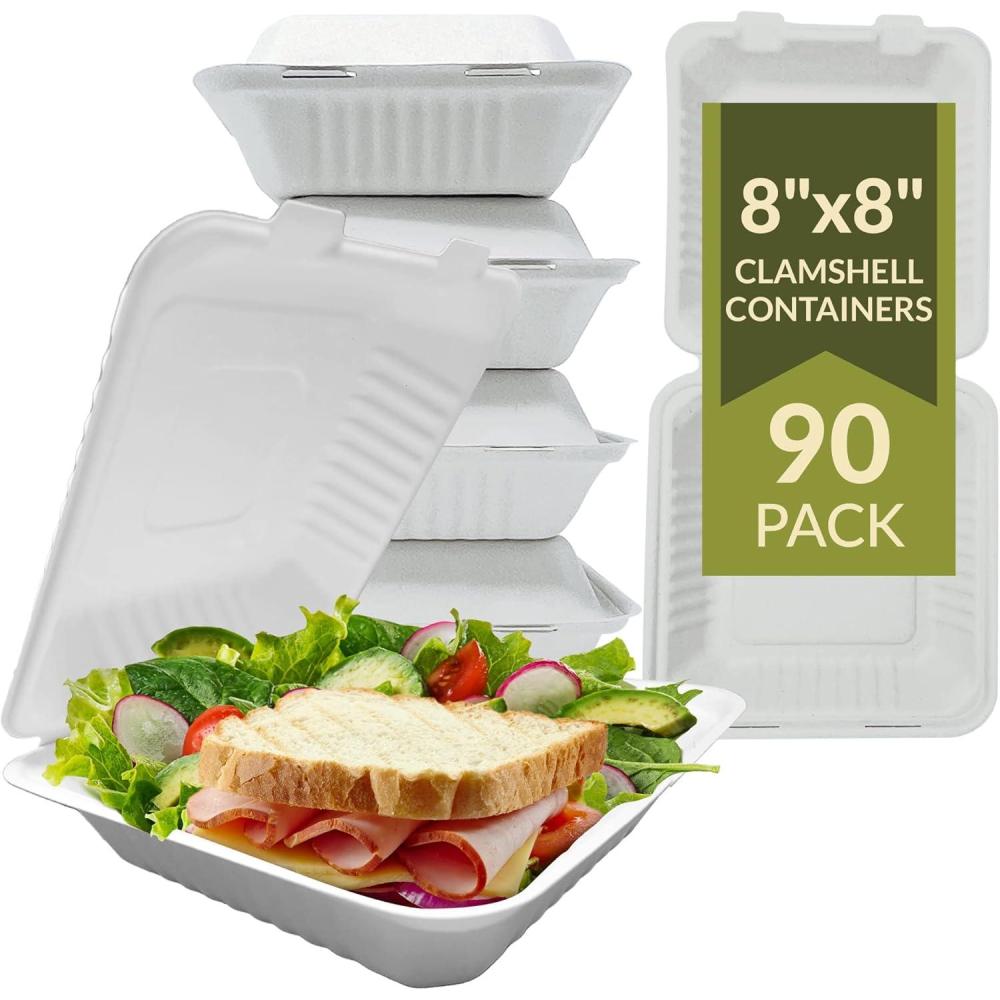 imageReli Compostable Clamshell ToGo Containers 90 Pack 8x8 Inch 1 Compartment Disposable Take Out Food ContainersTo Go Boxes Biodegradable To Go Containers Bagasse Clam shell White 8x8