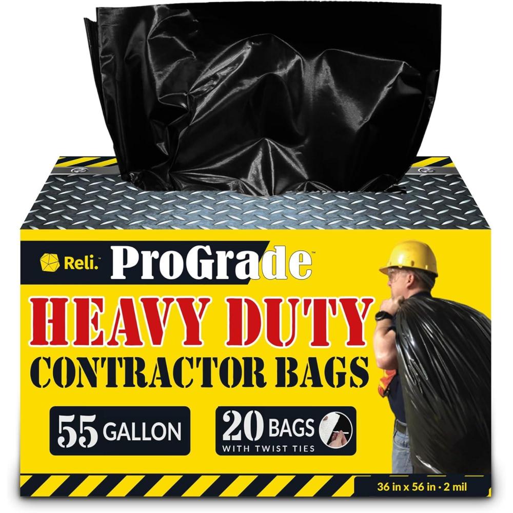 imageReli Contractor Garbage Bags 55 Gallon 20 Trash Bags Heavy Duty Black Contractor