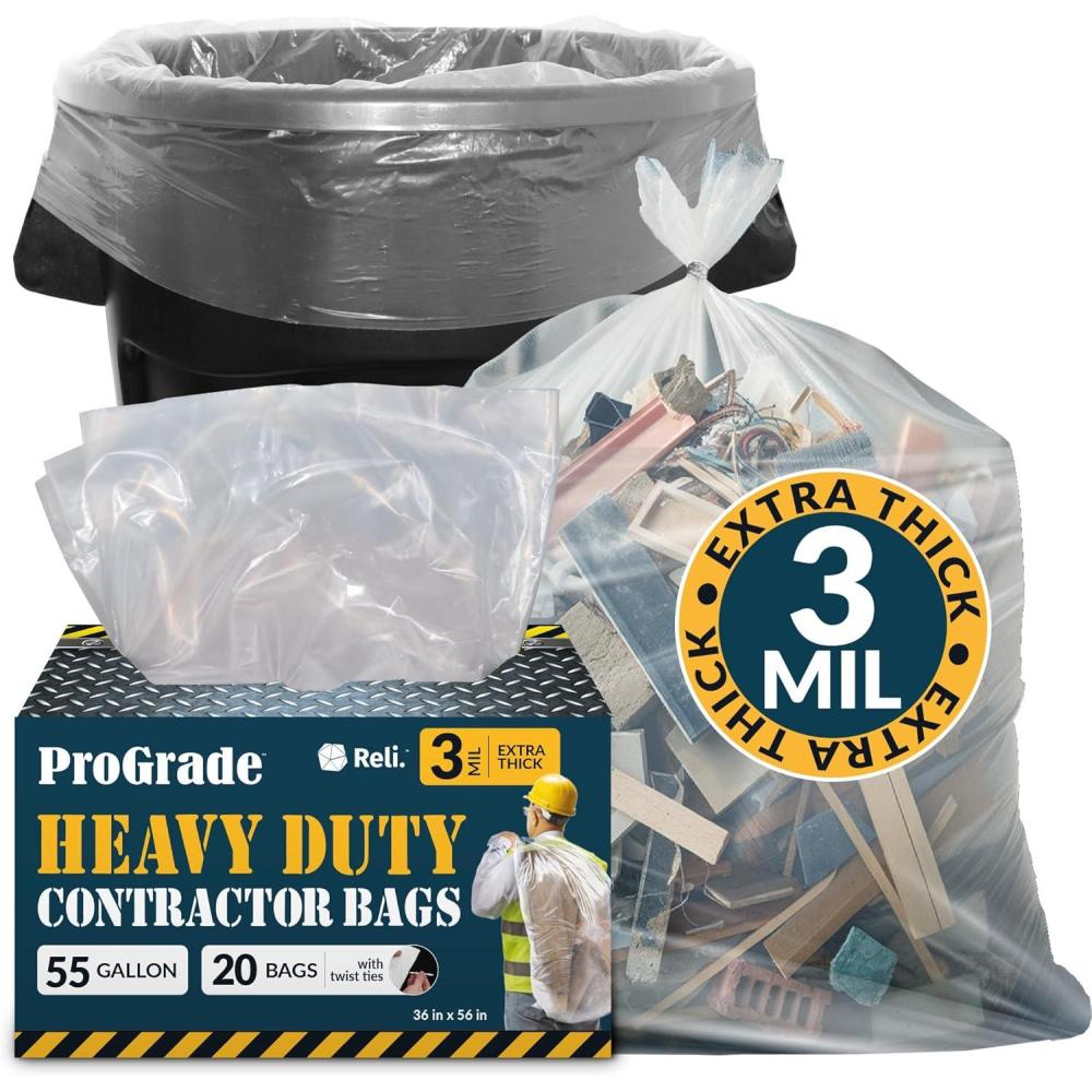 imageReli Contractor Garbage Bags 55 Gallon 20 Trash Bags Heavy Duty Clear Contractor
