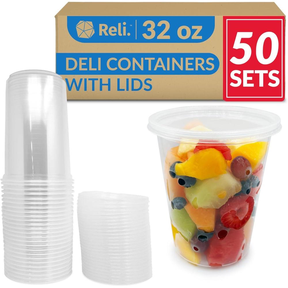 imageReli Deli Containers with Lids 50 Sets 32 oz Plastic Deli Containers with Lids 32oz Disposable To Go Food Storage Microwave amp Freezer Safe Clear