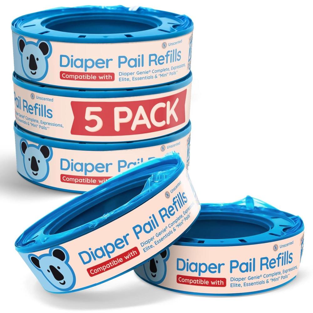 imageReli Diaper Pail Refill Bags Compatible with Genie Complete Expressions 5 Pack Pail Refills Unscented Odor Blocking Strong Easy Replacement Holds up to 1400 Newborn Diapers