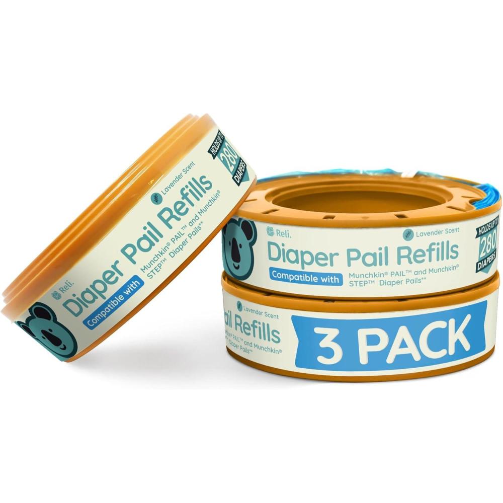 imageReli Diaper Pail Refill Bags Compatible with Munchkin Step Pail 3 Pack Pail Refills wLavender Scent Odor Blocking Strong Easy Replacement Holds up to 840 Diapers