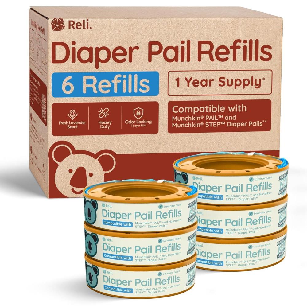 imageReli Diaper Pail Refill Bags Compatible with Munchkin Step Pail 6 Pack Pail Refills wLavender Scent Odor Blocking Strong Easy Replacement Holds up to 1680 Diapers
