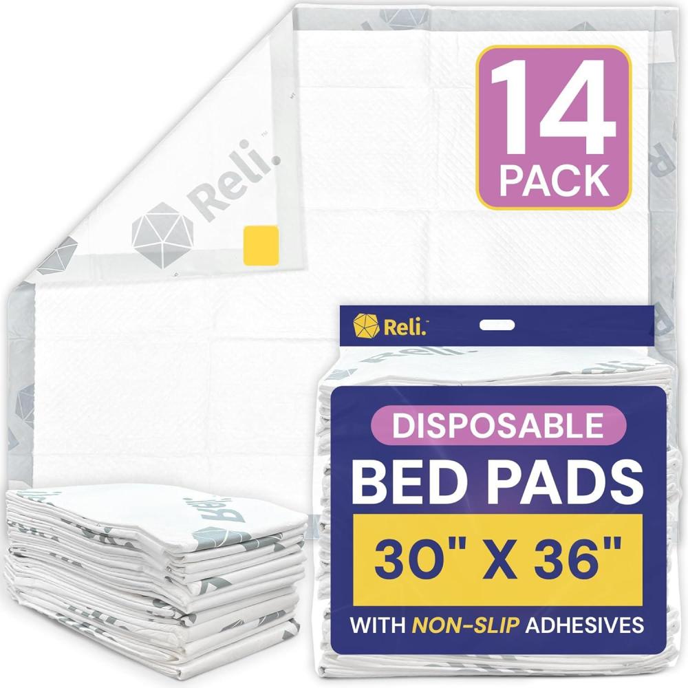 imageReli Disposable Bed Pads 14 Pack 30 x 36 XL Bed Pads Disposable Adult Incontinence Sheets w NonSlip Adhesives Absorbent Peepad for Adults Seniors Puppy Waterproof Underpads