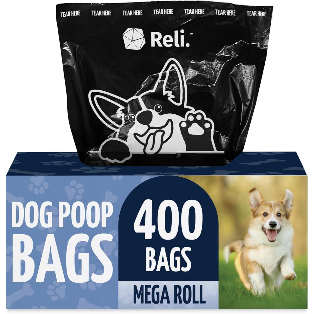 imageReli Dog Poop Bags 400 Bags Large Single Roll Dispenser Box 9x13 Large Doggie Poo Sack Use for Yard Pickup Bulk Single Roll Unscented Leak Proof Black