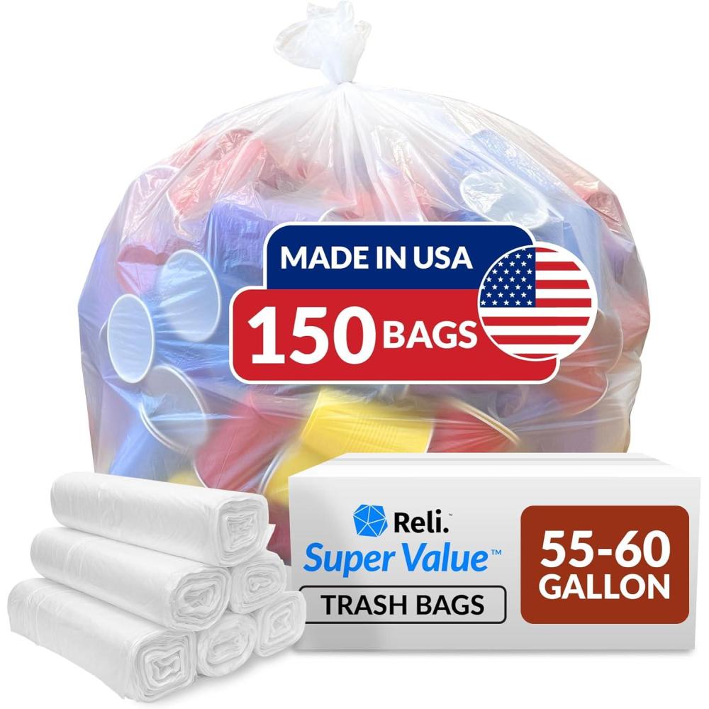 imageReli Easy Grab Trash Bags 5560 Gallon 150 Count Clear Star Seal Super High Density Rolls Heavy Duty Can Liners Garbage Bags Bulk Bags 50 55 60 Gallon Capacity1 Count Pack of 150