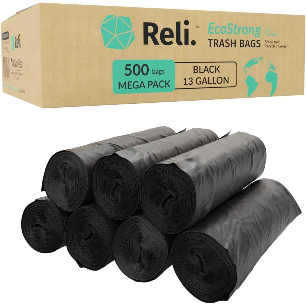 imageReli EcoStrong 13 Gallon Trash Bags 500 Count Bulk Black EcoFriendly Made from Recycled Material1 Count Pack of 500