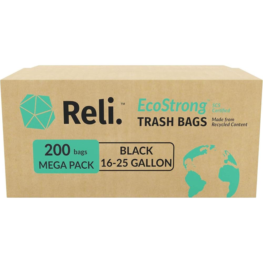 imageReli EcoStrong 1625 Gallon Trash Bags 200 Count Bulk Black EcoFriendly Made from Recycled Material