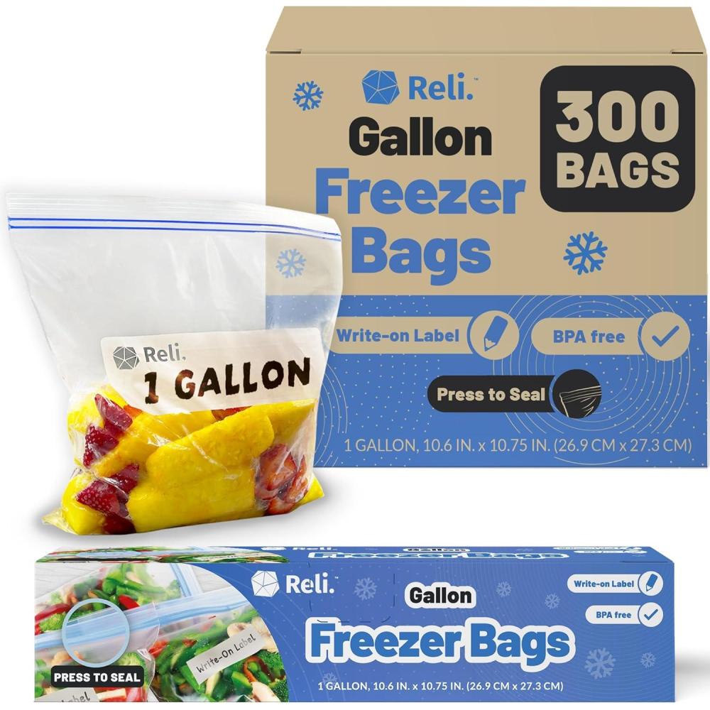 imageReli Gallon Freezer Bags 300 Count 106x1075 inch Freezer Bags 1 Gallon Double Zipper Large Size Press to Seal Write on Label 1Gal