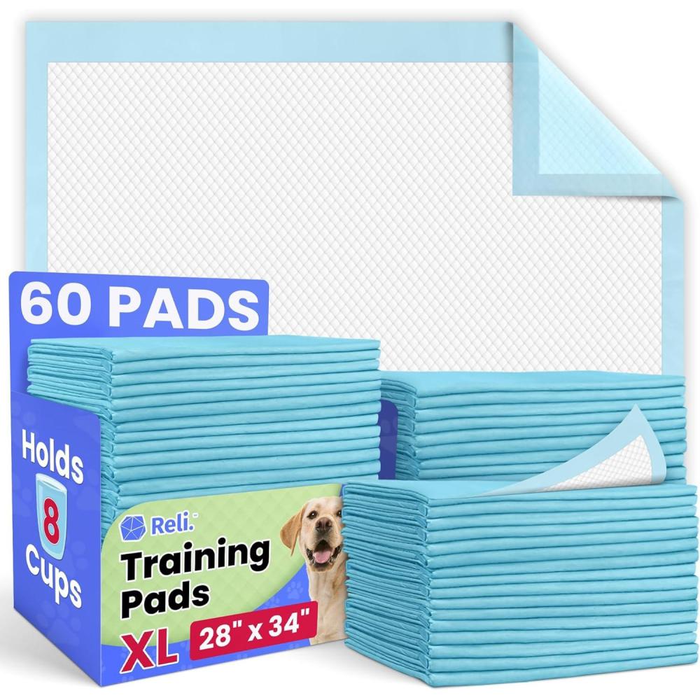 imageReli LeakProof Puppy Pads 60 Pack Pee Pads for Dogs 8 Cups Absorbency for Multiple Dog amp Pet Potty Training Extra Large 28x34