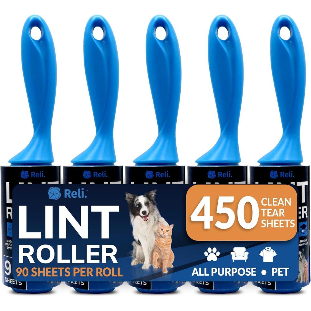 imageReli Lint Rollers for Pet Hair Extra Sticky 450 Sheets Total Dog amp Cat Hair Remover 5 Rolls 5 Reusable Handles 90 Sheets Per Roll Lint Remover for Clothes Couch Easy Peel Sheets