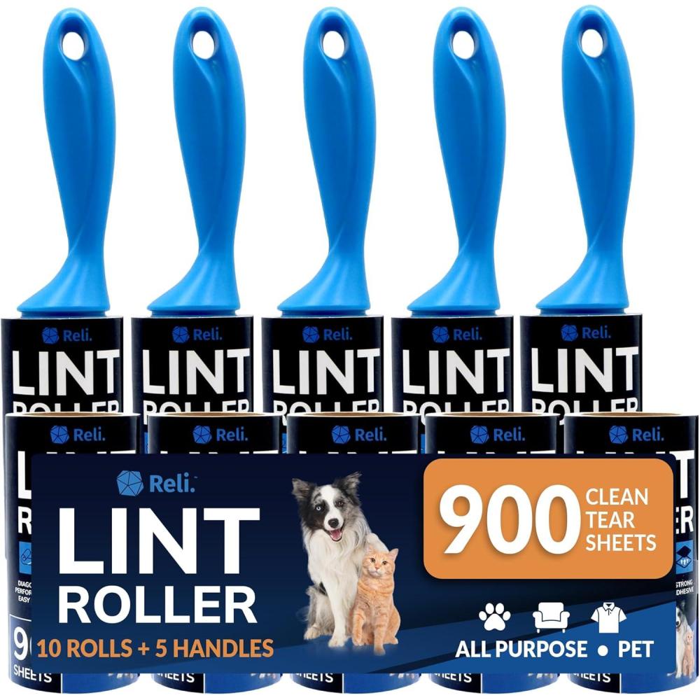 imageReli Lint Rollers for Pet Hair Extra Sticky 900 Sheets Total Dog amp Cat Hair Remover 10 Rolls 5 Reusable Handles 90 Sheets Per Roll Lint Remover for Clothes Couch Easy Peel Sheets Bulk