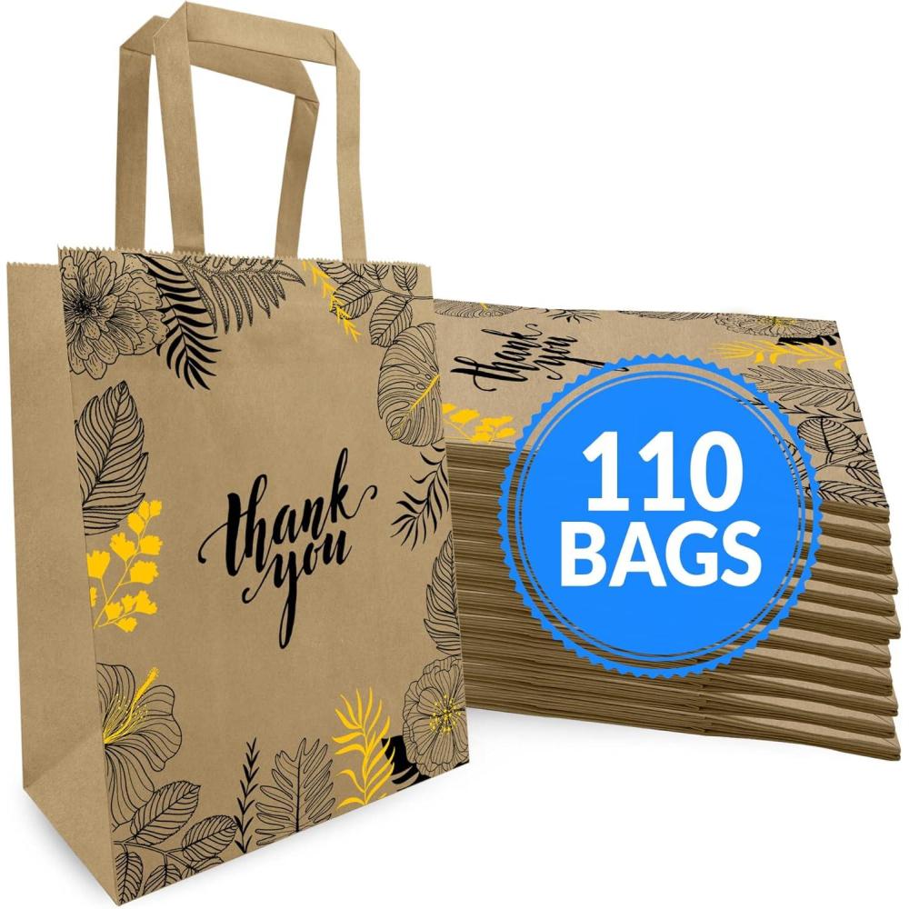 imageReli Paper Bags 110 Pcs Bulk 8x45x1025 Paper Thank You Bags Brown Kraft Handles Printed Small Thank You Giftbag for Guests Gifts Wedding Merchandise Business