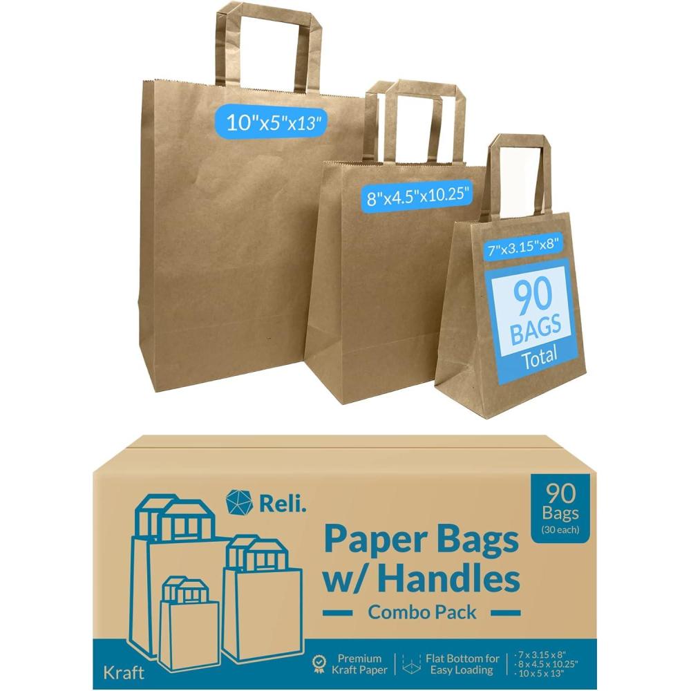 imageReli Paper Bags with Handles Kraft 90 Pcs Total 30 Pcs Each Size Bulk Paper Bag Combo Pack 7x315x88x45x102510x5x13 Retail Shopping Gifts amp Business