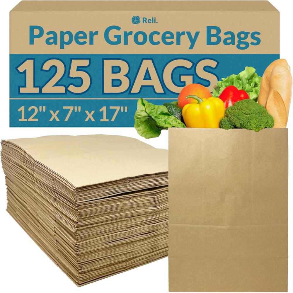 imageReli Paper Grocery Bags 125 Pcs Bulk 12x7x17 70 Lbs Basis Extra Heavy Duty Brown Paper Bag Large Grocery Kraft Sacks Takeout Restaurant Retail Shopping12x7x17 125 Pack