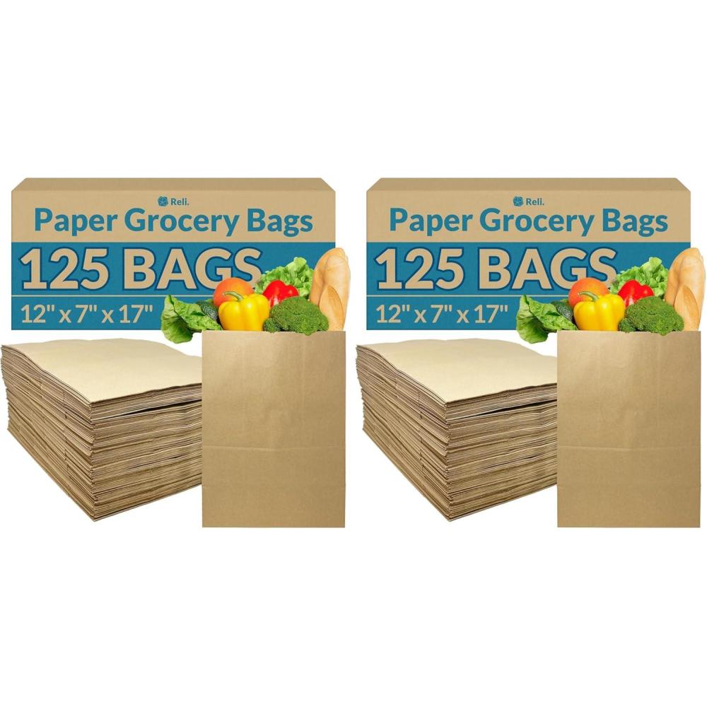 imageReli Paper Grocery Bags 125 Pcs Bulk 12x7x17 70 Lbs Basis Extra Heavy Duty Brown Paper Bag Large Grocery Kraft Sacks Takeout Restaurant Retail Shopping12x7x17 250 Pack