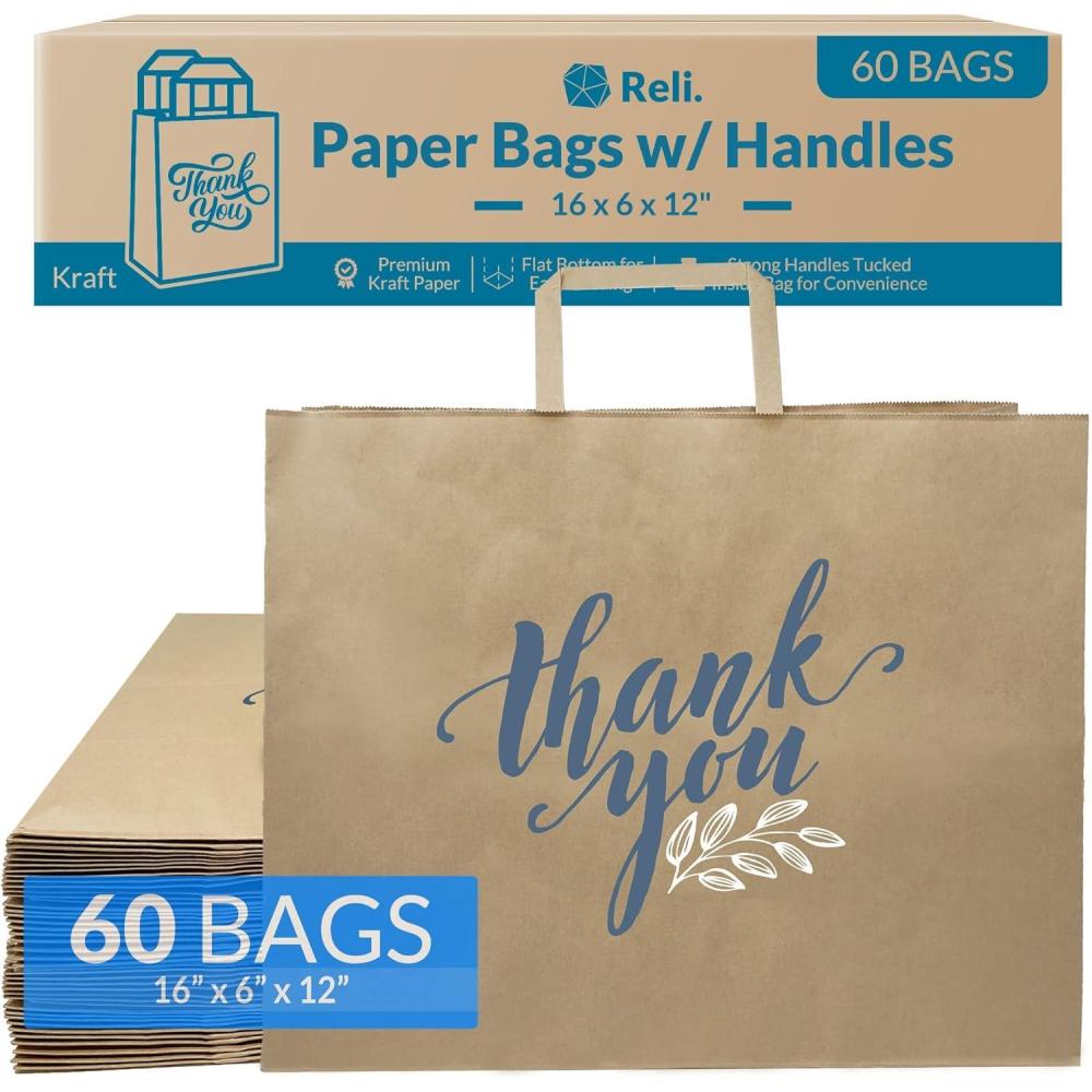 imageReli Paper Shopping Bags wHandles 60 Pcs Large 16x6x12 Kraft Brown Paper Bags with Handles Printed Thank You Large Take OutTo Go Retail Shopping Tote Restaurant Grocery