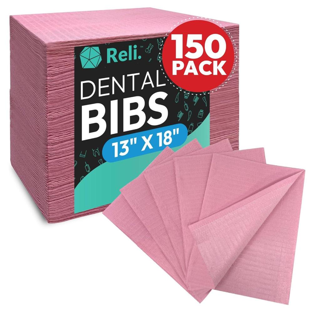 imageReli Pink Dental Bibs 150 Pack 13x18 Dental Bibs Disposable for Patients Dentists 3Ply Waterproof Disposable Sheets for Medical Tray Cover Nail Mat Tattoo Shop